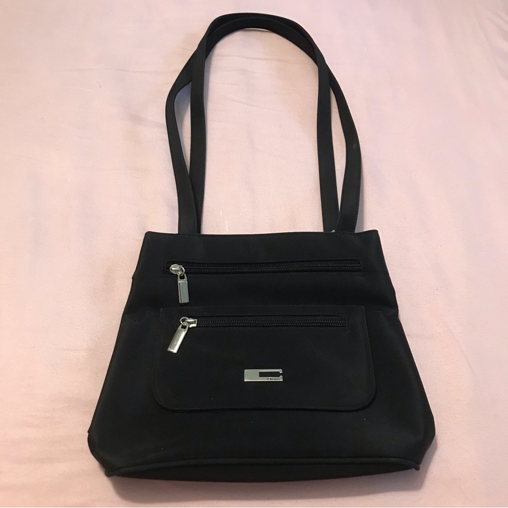 Chenson Black Shoulder Bag Zipper & Velcro Compartments Silver Hardware